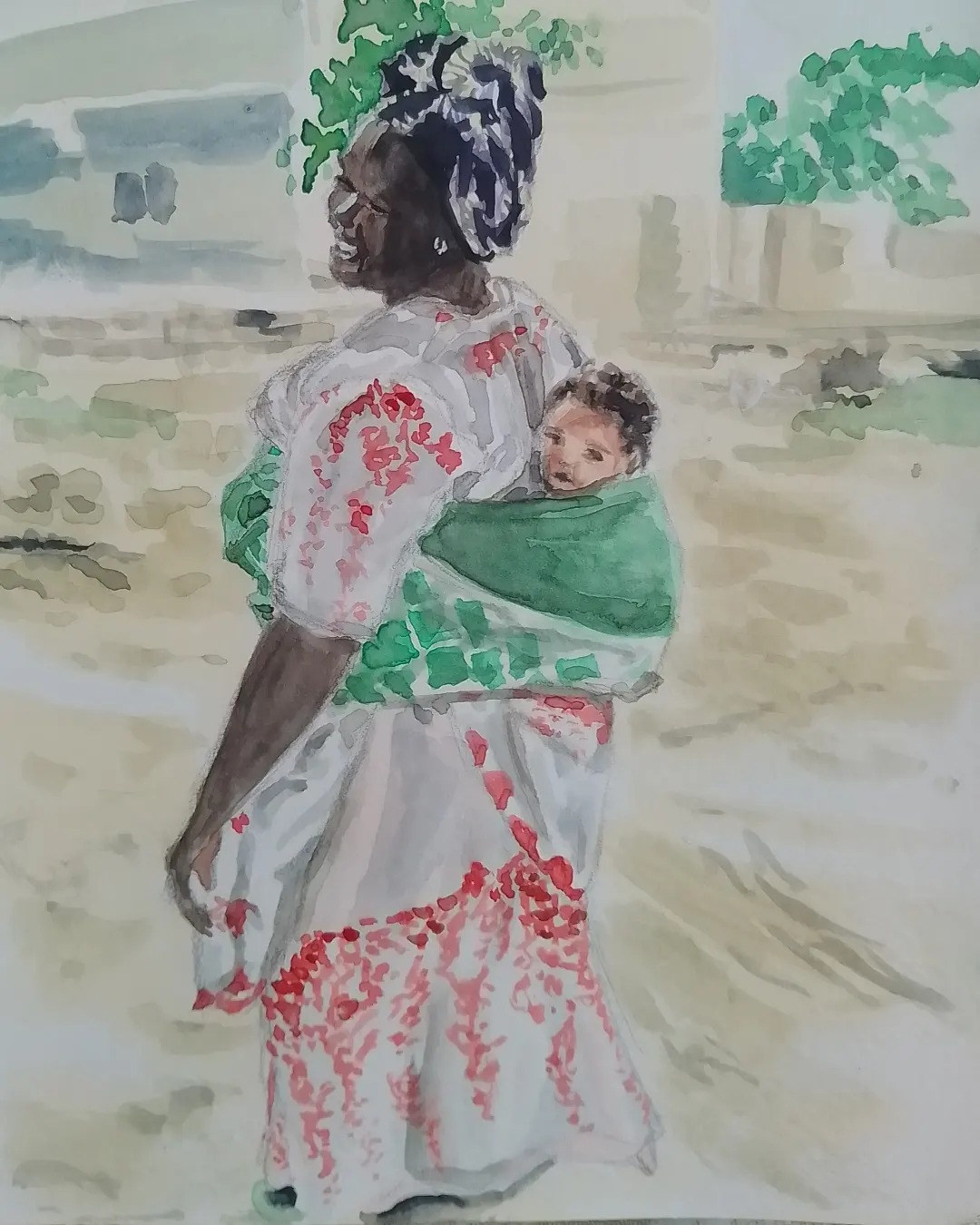 Painting of a woman carrying a child in a green wrap, by Judith Langerôme.