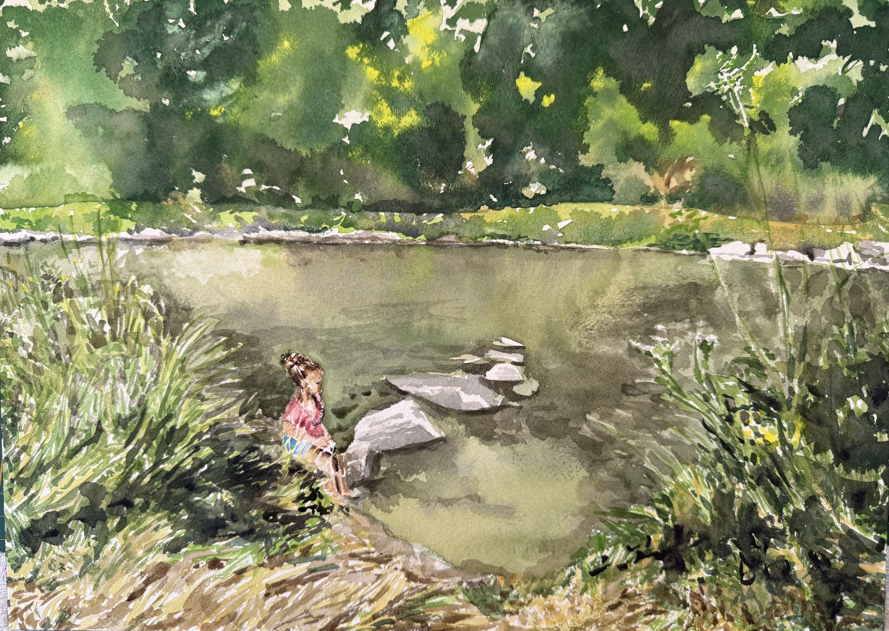 Painting of a figure beside a pond surrounded by trees, by Judith Langerôme.