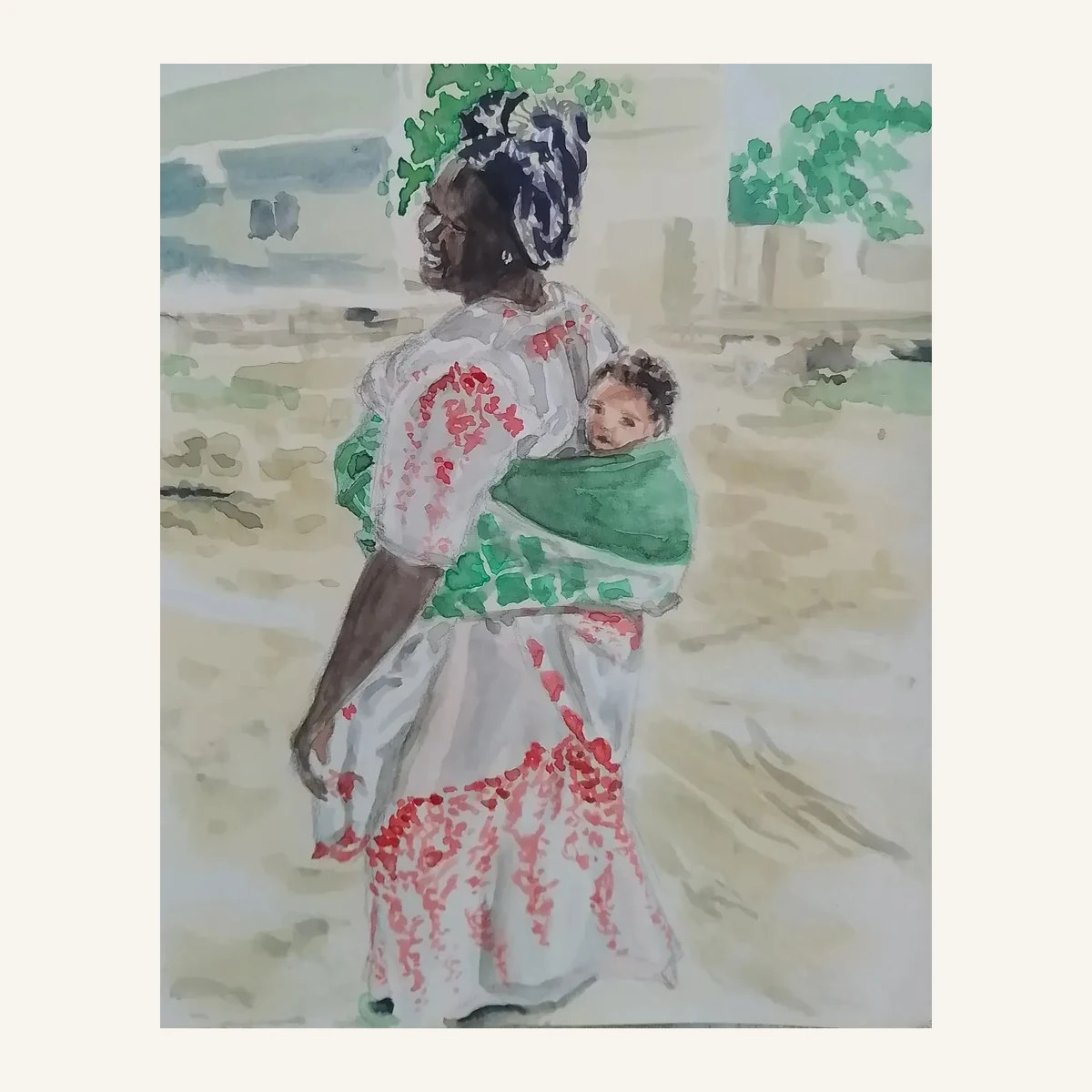 Painting by Judith Langerôme of a woman carrying a child; artwork used as the profile image, not a photograph of the artist.