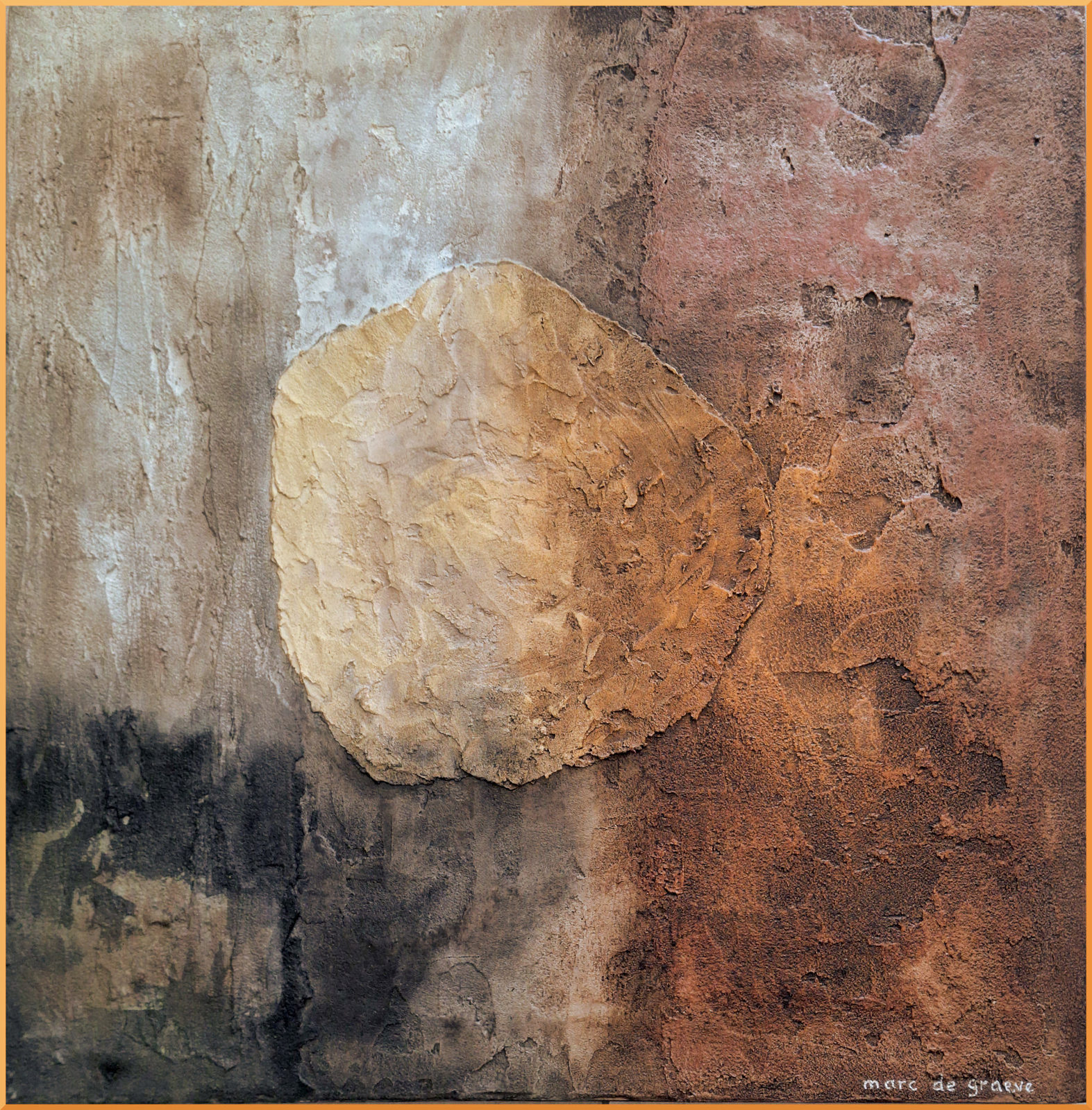 Abstract painting in earthy tones, with a raised ochre organic form set against layered mineral-like textures.