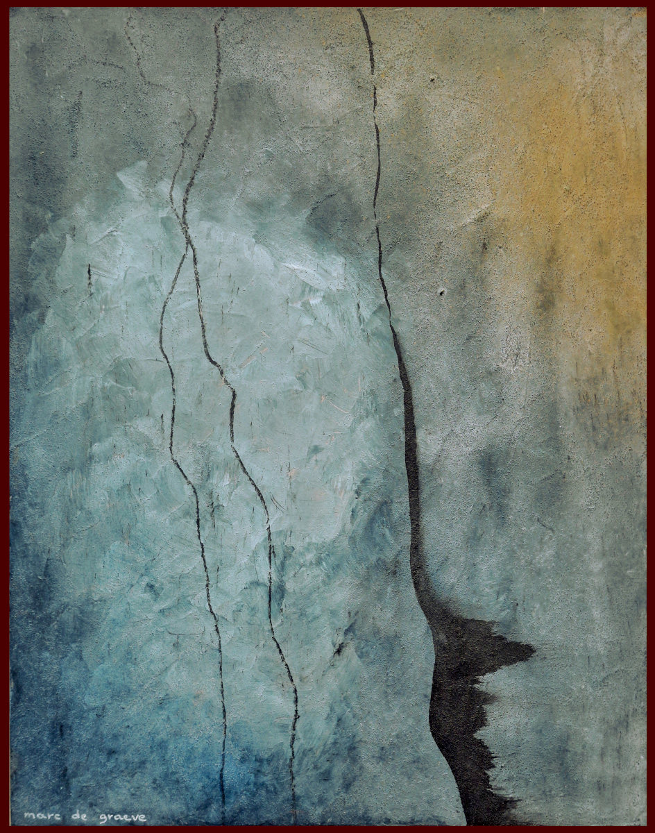Blue-green abstract painting with fine dark branching lines and subtle mineral textures.