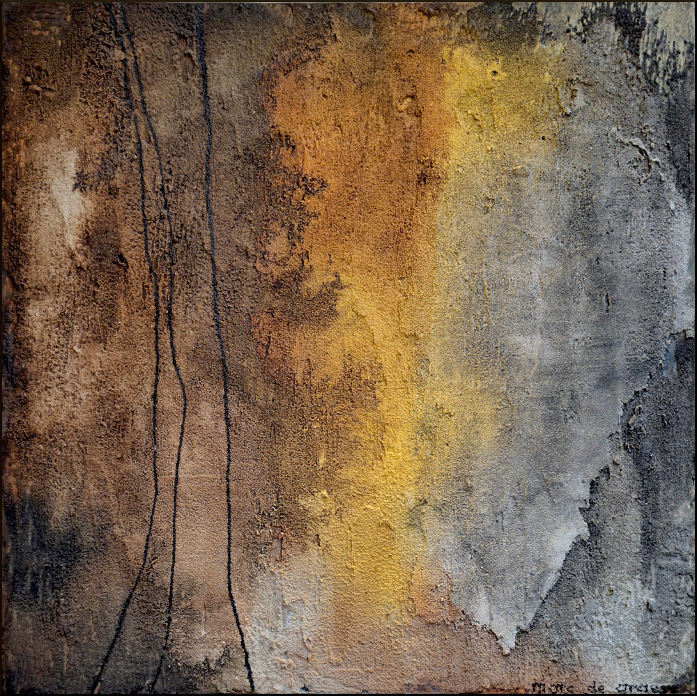Abstract painting with ochre and yellow tones, grey mineral textures and slender dark vertical lines.