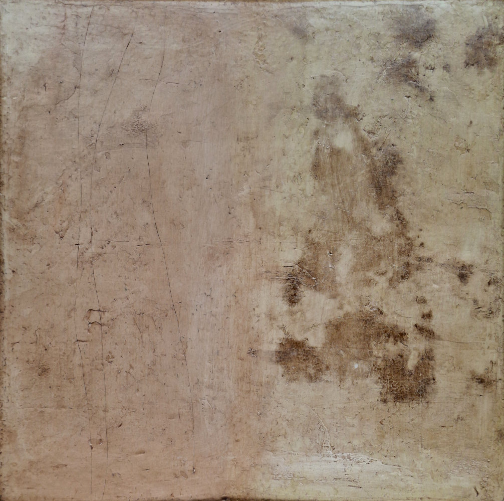 Pale beige abstract painting with weathered brown marks and softly layered organic textures.