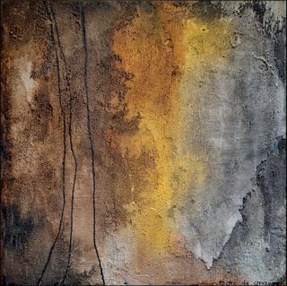 Abstract painting with ochre and yellow tones, grey mineral textures and slender dark vertical lines.