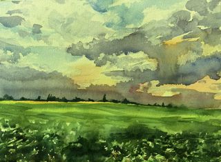 Landscape painting with green fields beneath a dramatic cloudy sky, by Judith Langerôme.
