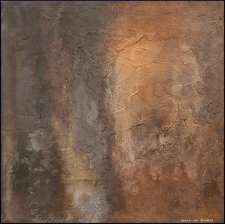 Abstract painting combining charcoal, brown and terracotta textures, with a warm amber-toned area.