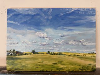 Painting of open countryside beneath an expansive blue sky, by Judith Langerôme.